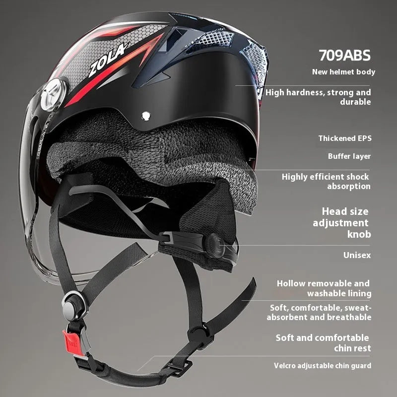3C certified universal half helmet for motorcycles with a flip-down dual-mirror visor on an ABS shell.