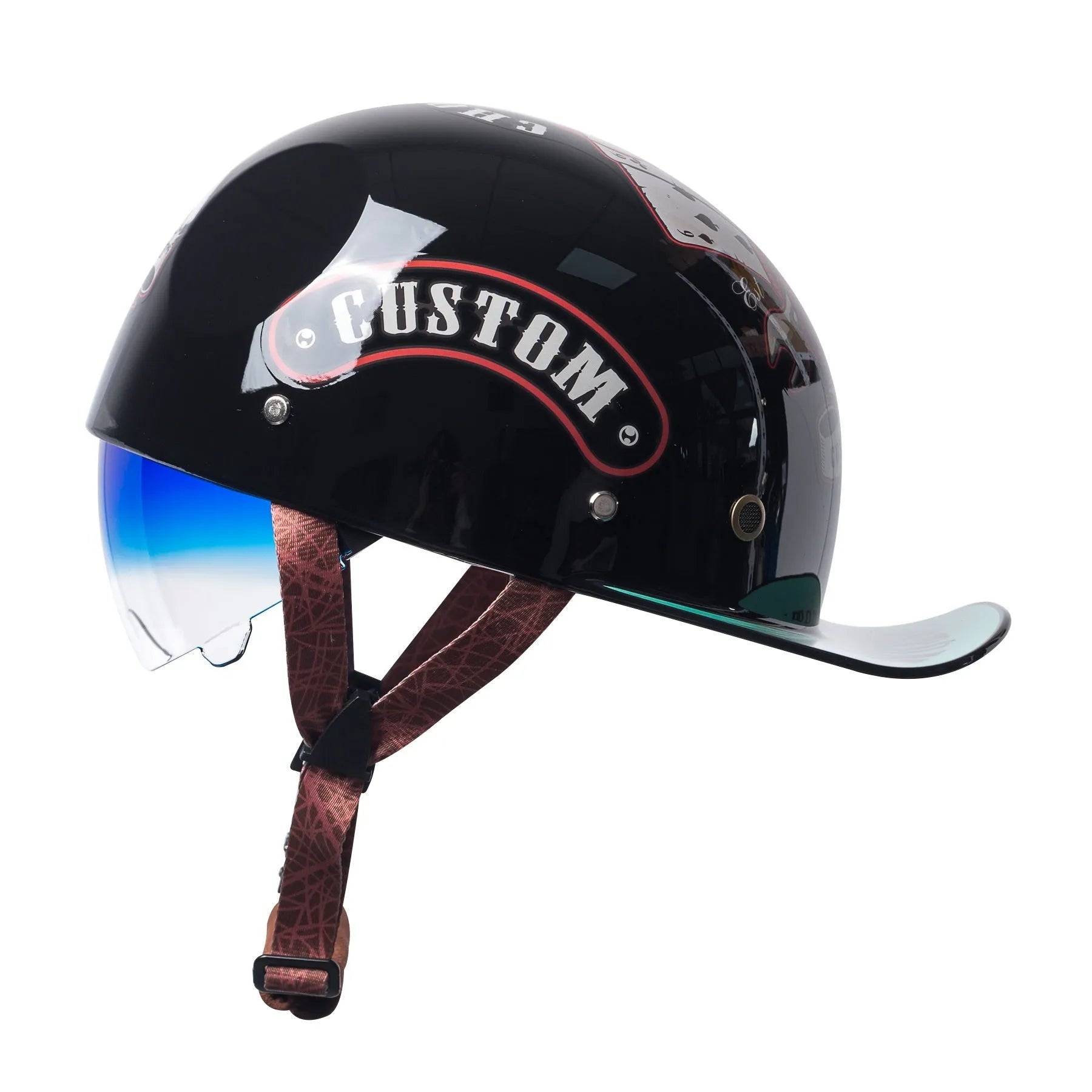 Men's retro half bicycle helmet in Bright Black Gradient Blue colour with a matching tinted lens.