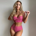 Women's plaid print bikini swimsuit with high-waisted bottoms and a matching top.