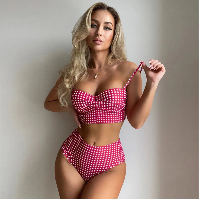 Women's plaid print bikini swimsuit with high-waisted bottoms and a matching top.