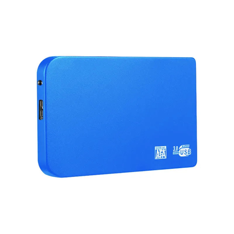 Silver USB 3.0 portable solid state drive with metal casing next to its included data cable.