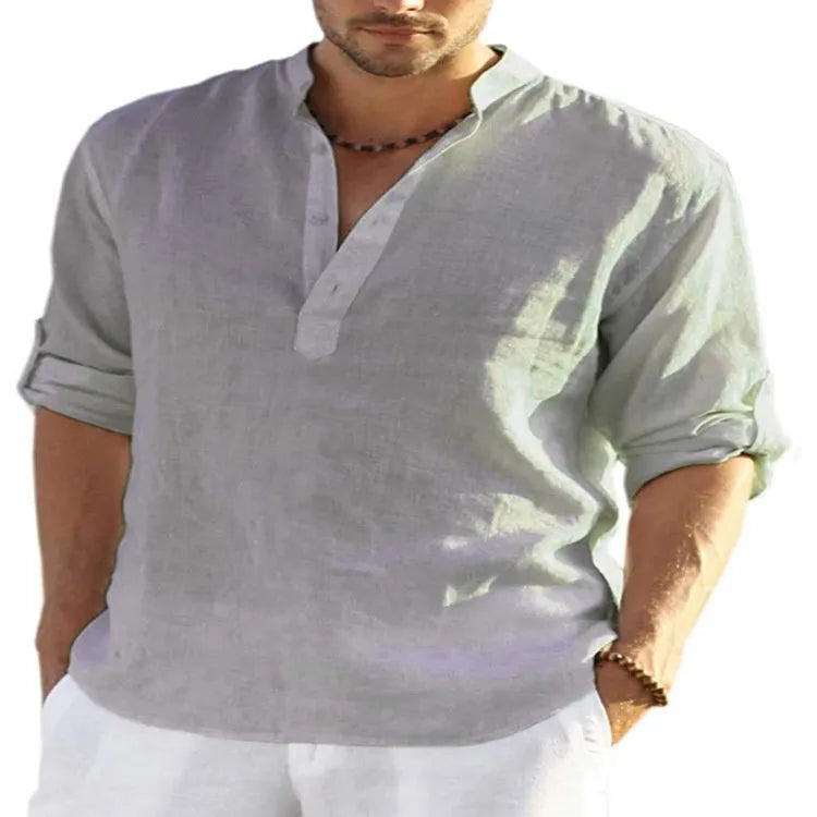Men's casual cotton linen shirt in a solid colour with a stand collar and long sleeves.