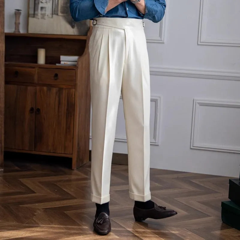 Men's high-waist straight-leg casual trousers in black polyester fabric