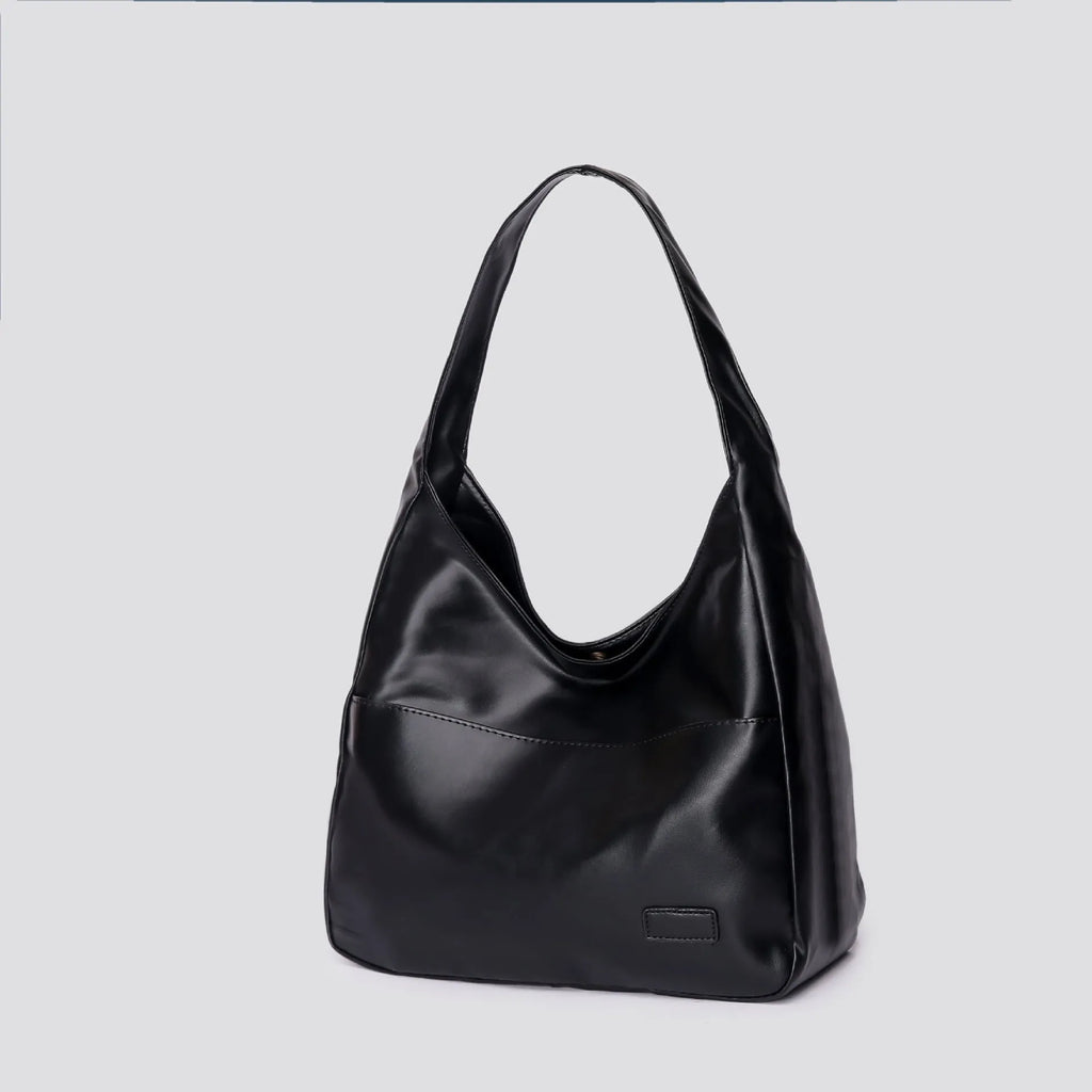 Women's soft PU shoulder bag in retro style with open pocket, shown in one of four colours