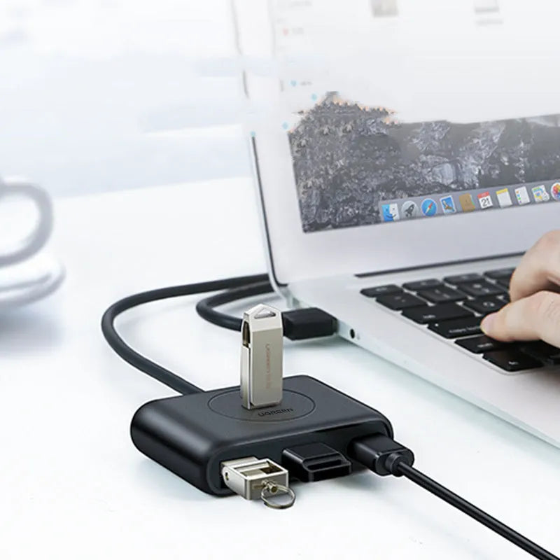 Black USB 3.0 extender adapter hub with plug, shown with length options for computer connectivity.