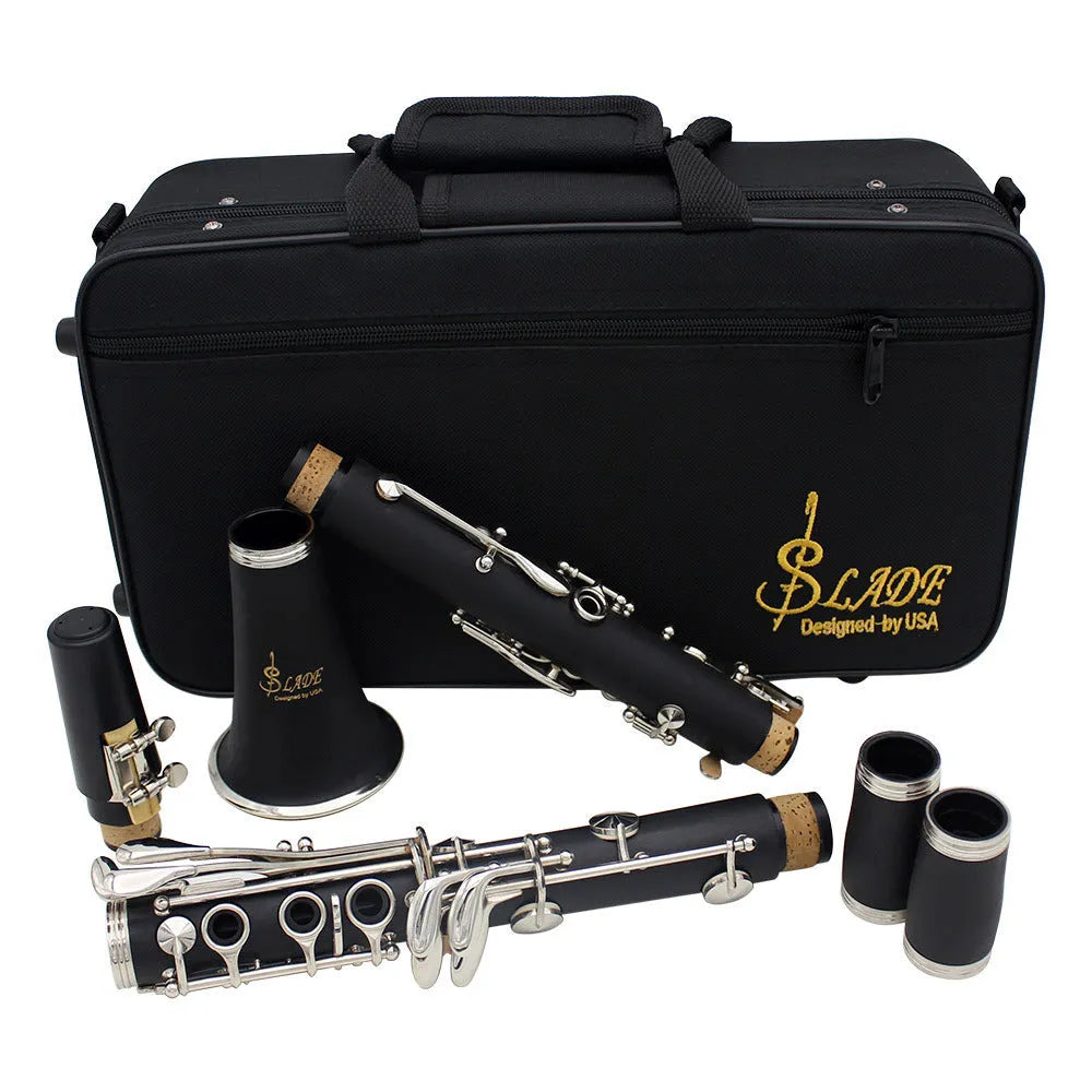 Black Bakelite clarinet with nickel-plated keys next to its protective carry bag.
