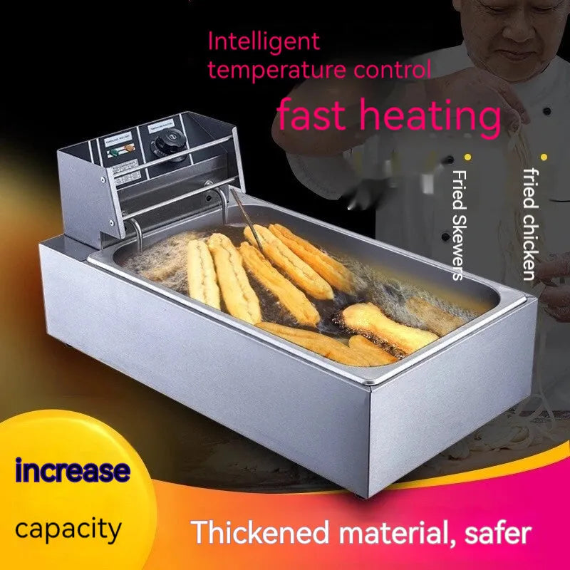 Commercial stainless steel deep frying pan with temperature control dial and frying basket