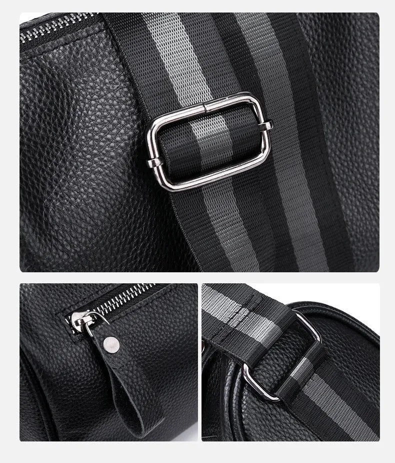 Black genuine leather one-shoulder crossbody bag showing dimensions and interior polyester lining