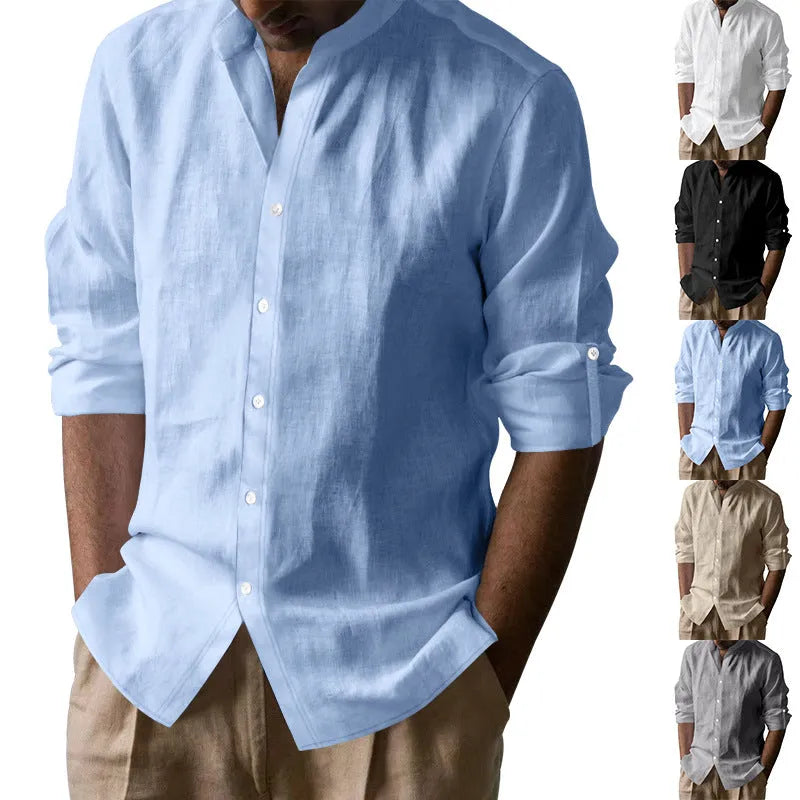 Men's cotton blend long sleeve stand collar shirt in solid colour, slim fit, shown in Khaki
