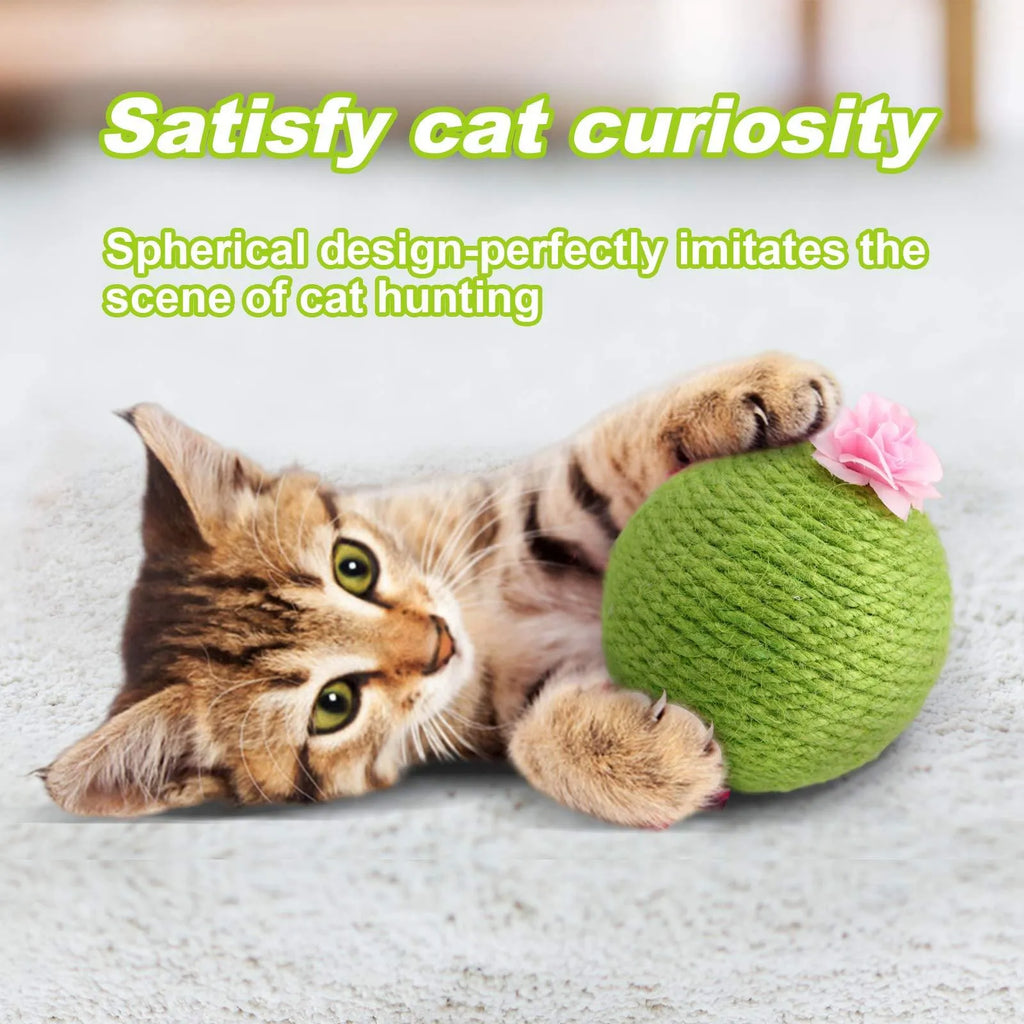 Green cactus-shaped cat tumbler scratcher with sisal ball on a tree tower