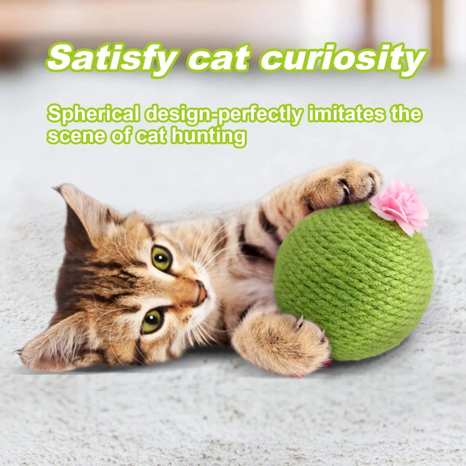 Green cactus-shaped cat tumbler scratcher with sisal ball on a tree tower