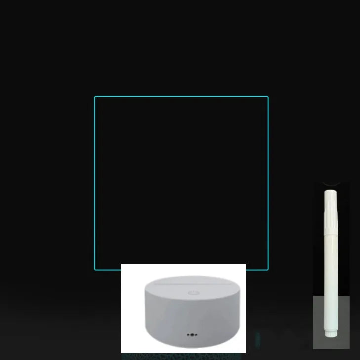 3D acrylic LED message board with touch control, black ABS base, USB cable, and stylus pen on desk