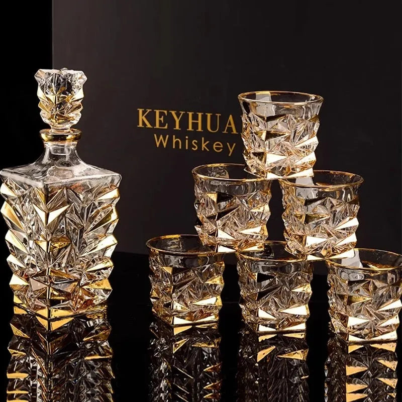 European gold painted wine glass set with ice crack pattern including six glasses and one bottle