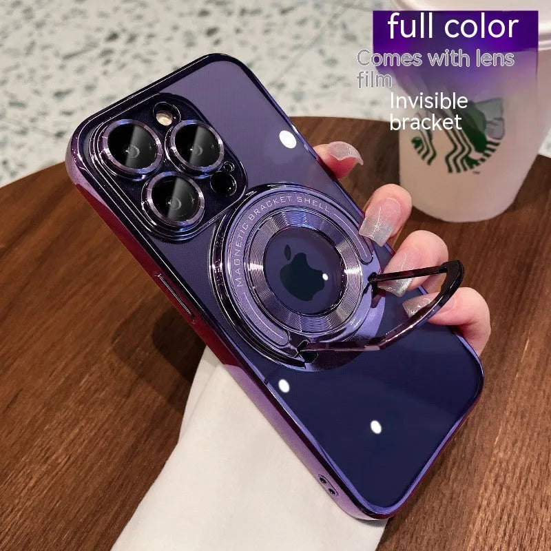 Transparent magnetic iPhone case with invisible pull-out stand, shown in dark purple colour.