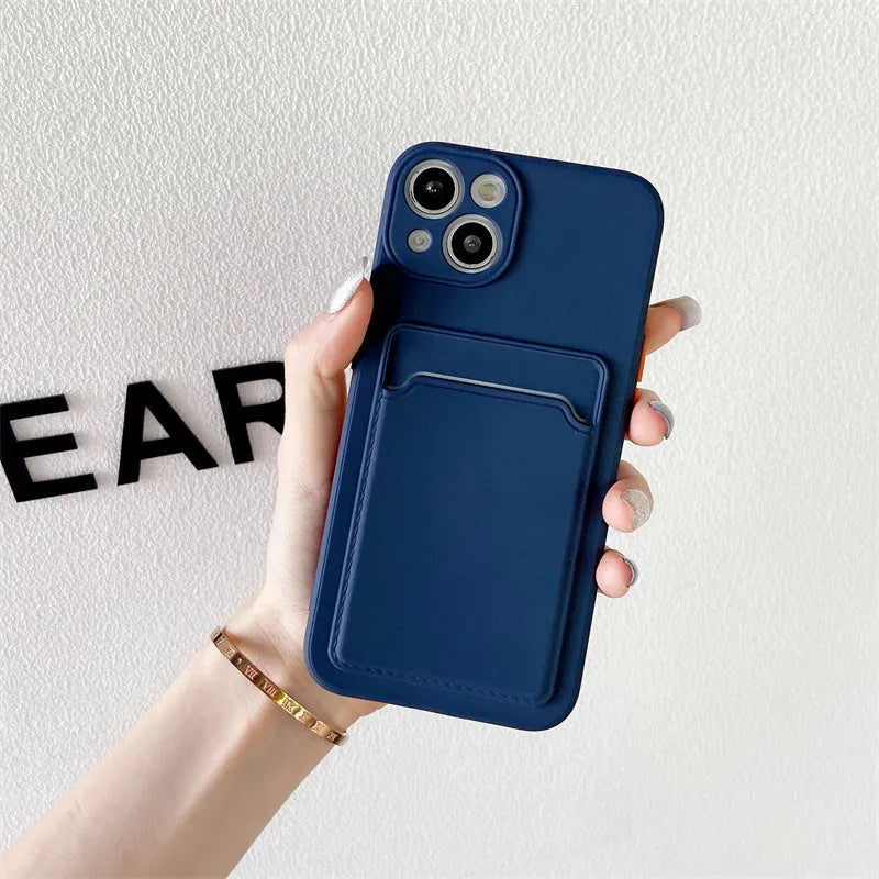 Sky Blue silicone iPhone case with colour blocking design showing card slot on back