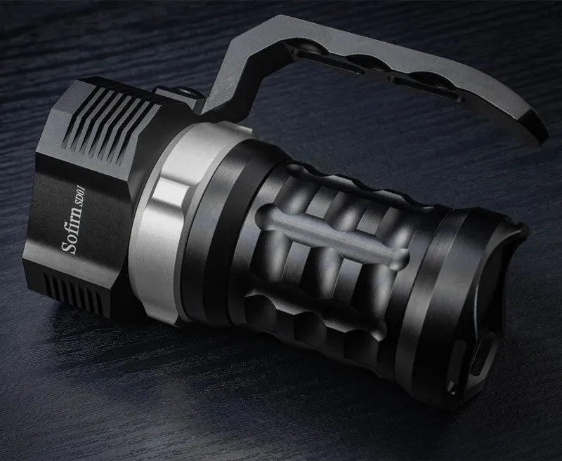 Aluminium alloy super bright diving flashlight with waterproof housing on dark background