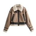 Women's long sleeve lamb wool splicing PU coat in khaki and brown, with zipper front, Japanese Korean casual unisex style