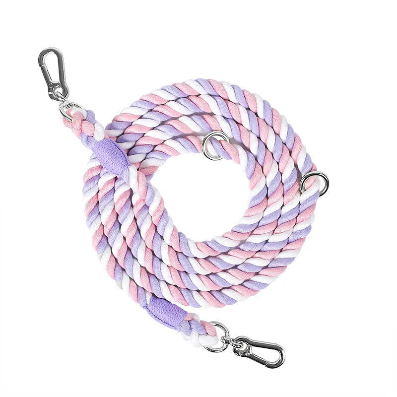 Woven rainbow coloured dog leash with clips at both ends, shown in a choice of colours with silver or gold fittings.