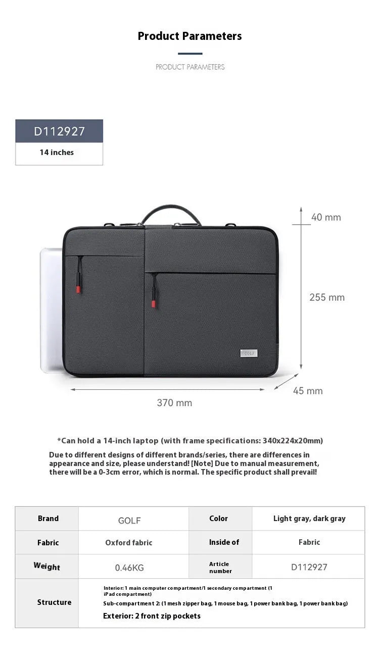 Men's dark grey 14-inch laptop protective sleeve made from Oxford fabric