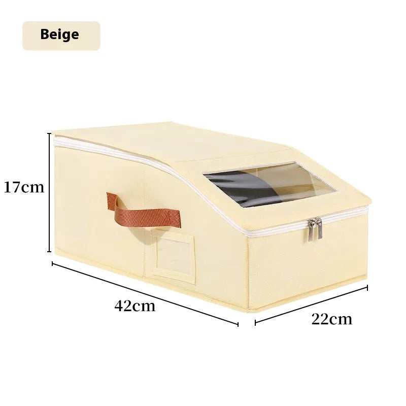 Grey foldable and stackable woven fabric storage box with lid for baseball caps and organisation.