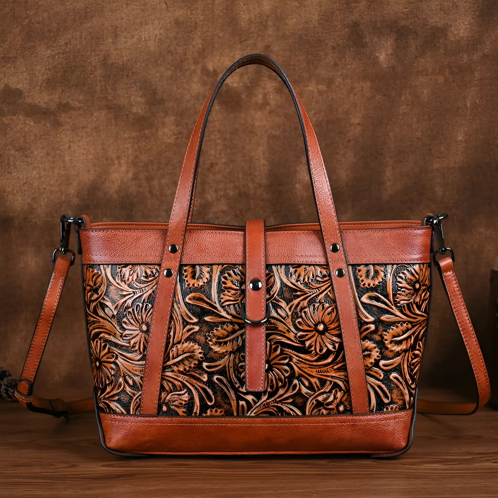 First layer cowhide hand carved skeleton-skin horizontal square crossbody bag in retro brown