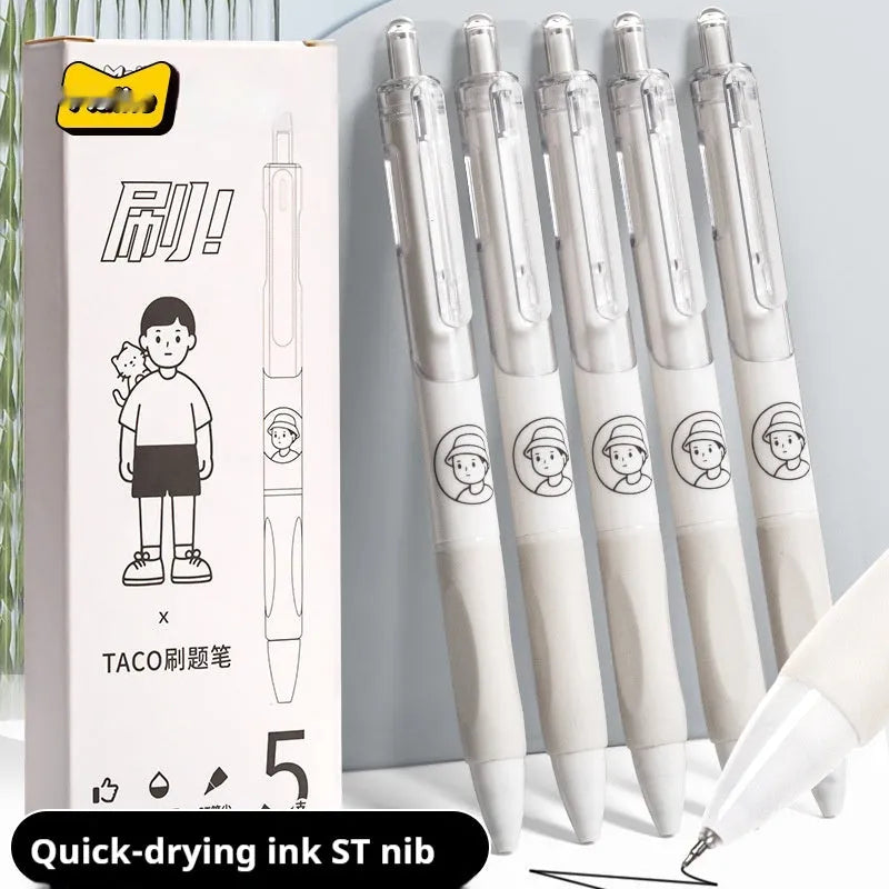 Five Taco brand black ballpoint pens with 0.5mm tips laid side by side.