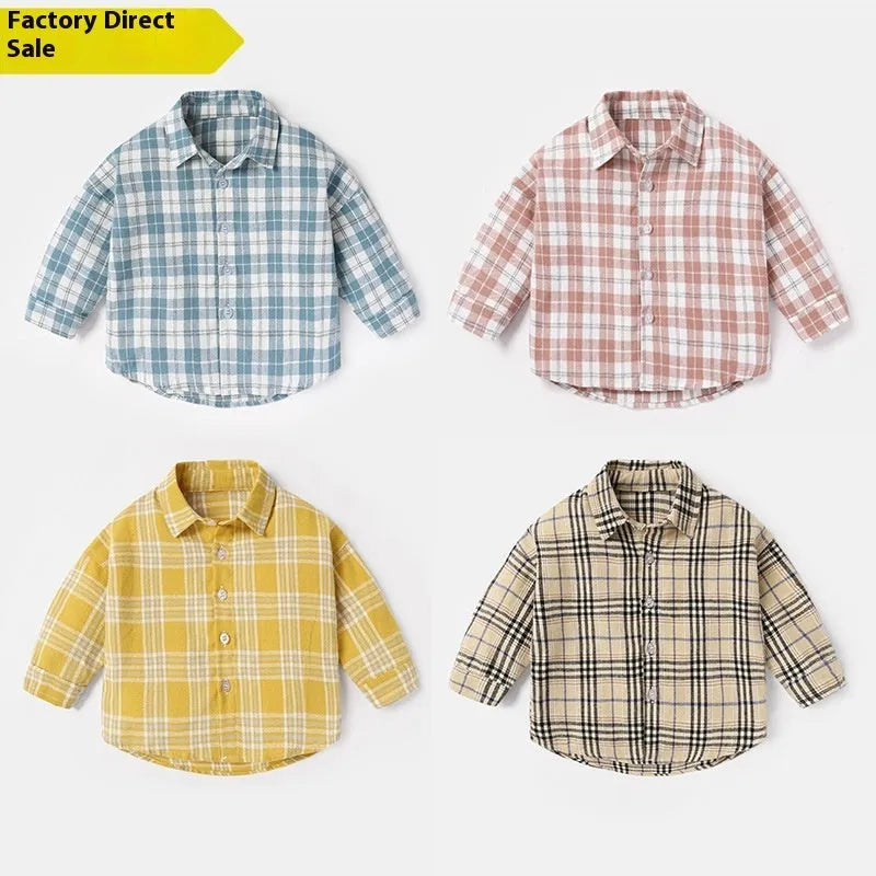 Boy's long sleeve cotton shirt with lattice design in khaki, available in multiple sizes