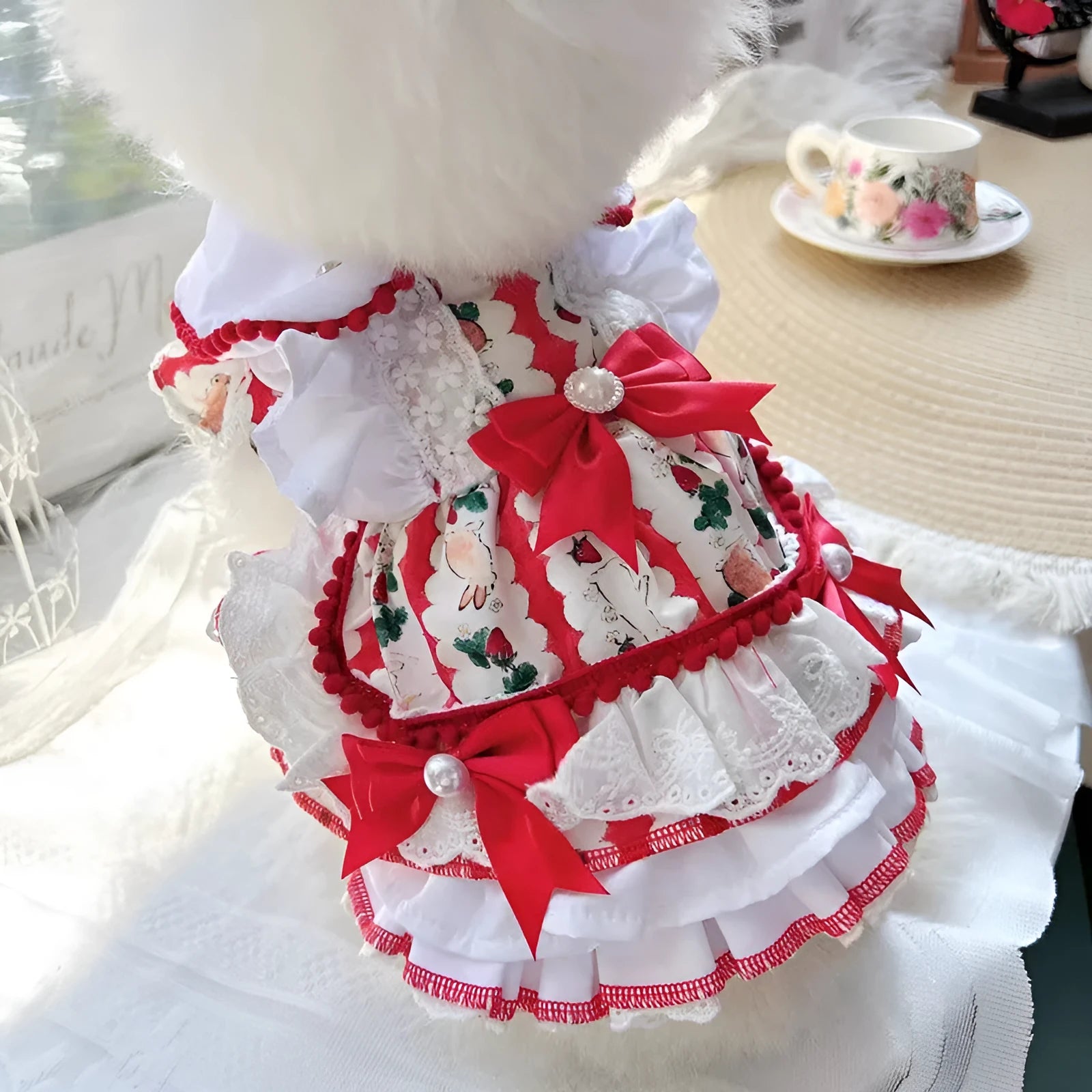 Small white dog wearing a rabbit skirt-style princess dress, showcasing the fit and lightweight polyester material.