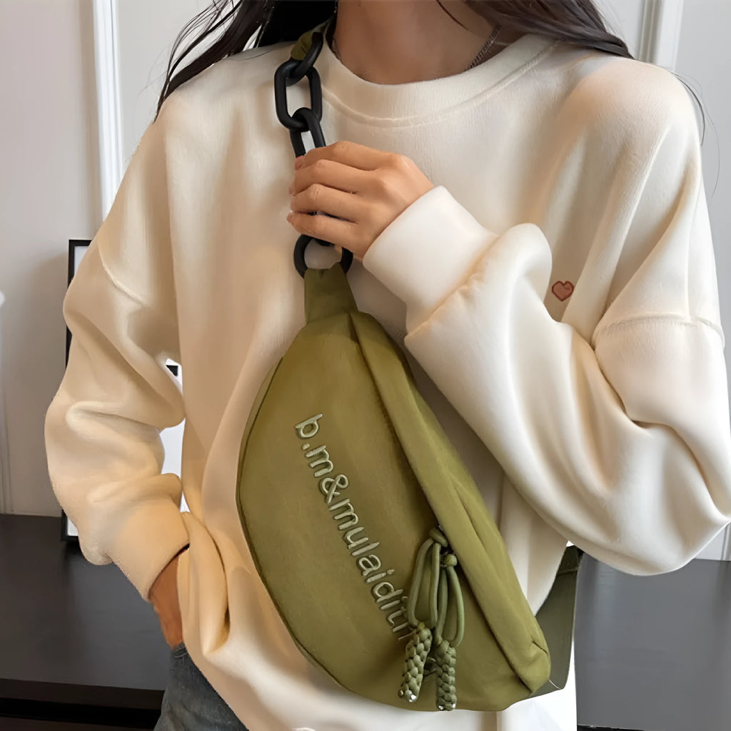 Women's nylon sports shoulder bag in beige with letter and embroidery details and chain accent