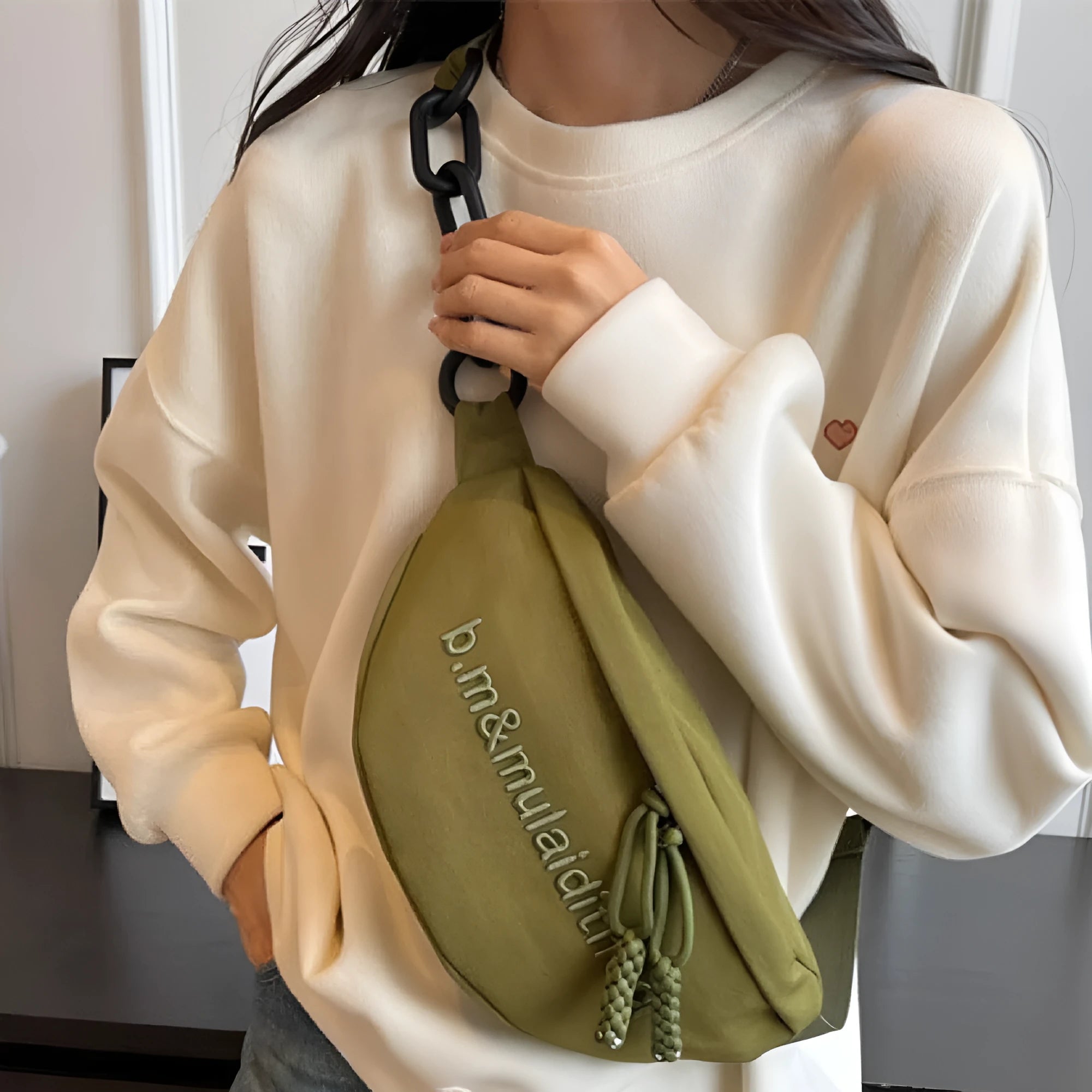 Women's nylon sports shoulder bag in beige with letter and embroidery details and chain accent