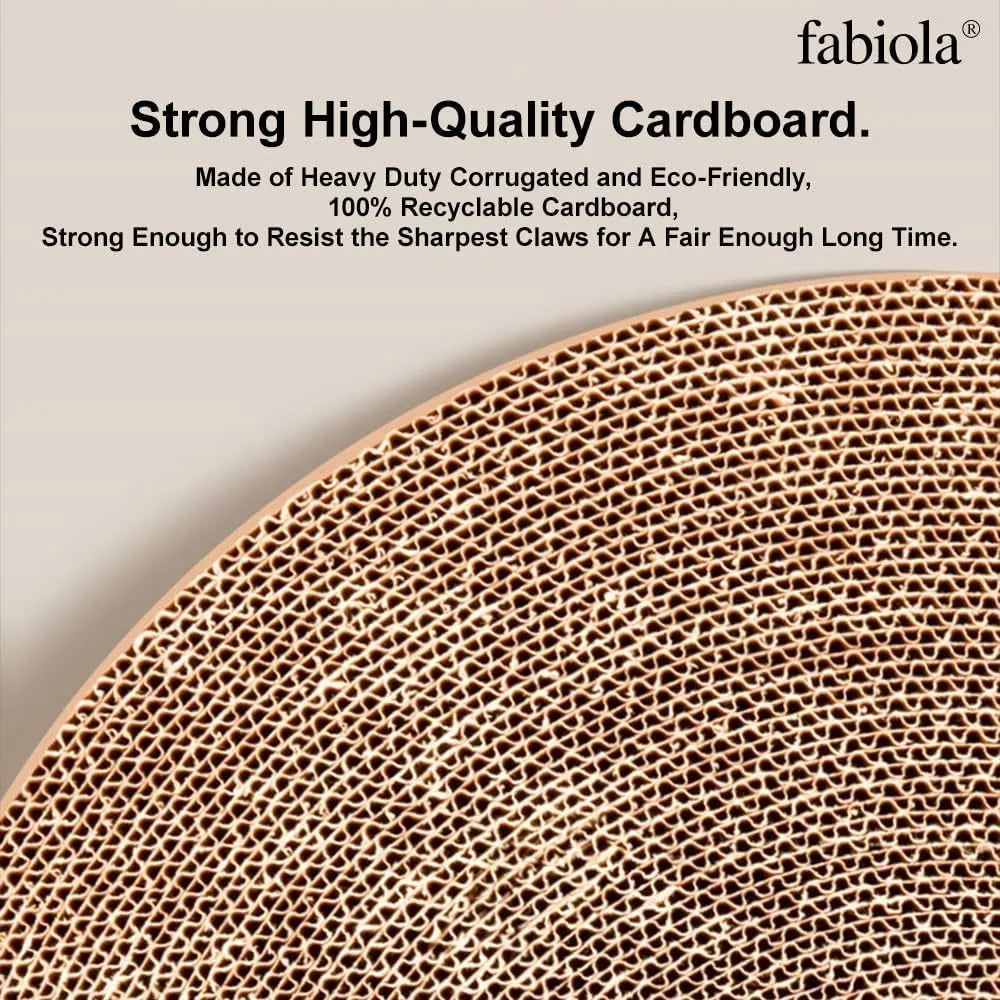 Large green circular cat scratching board with bell balls and replaceable cardboard core