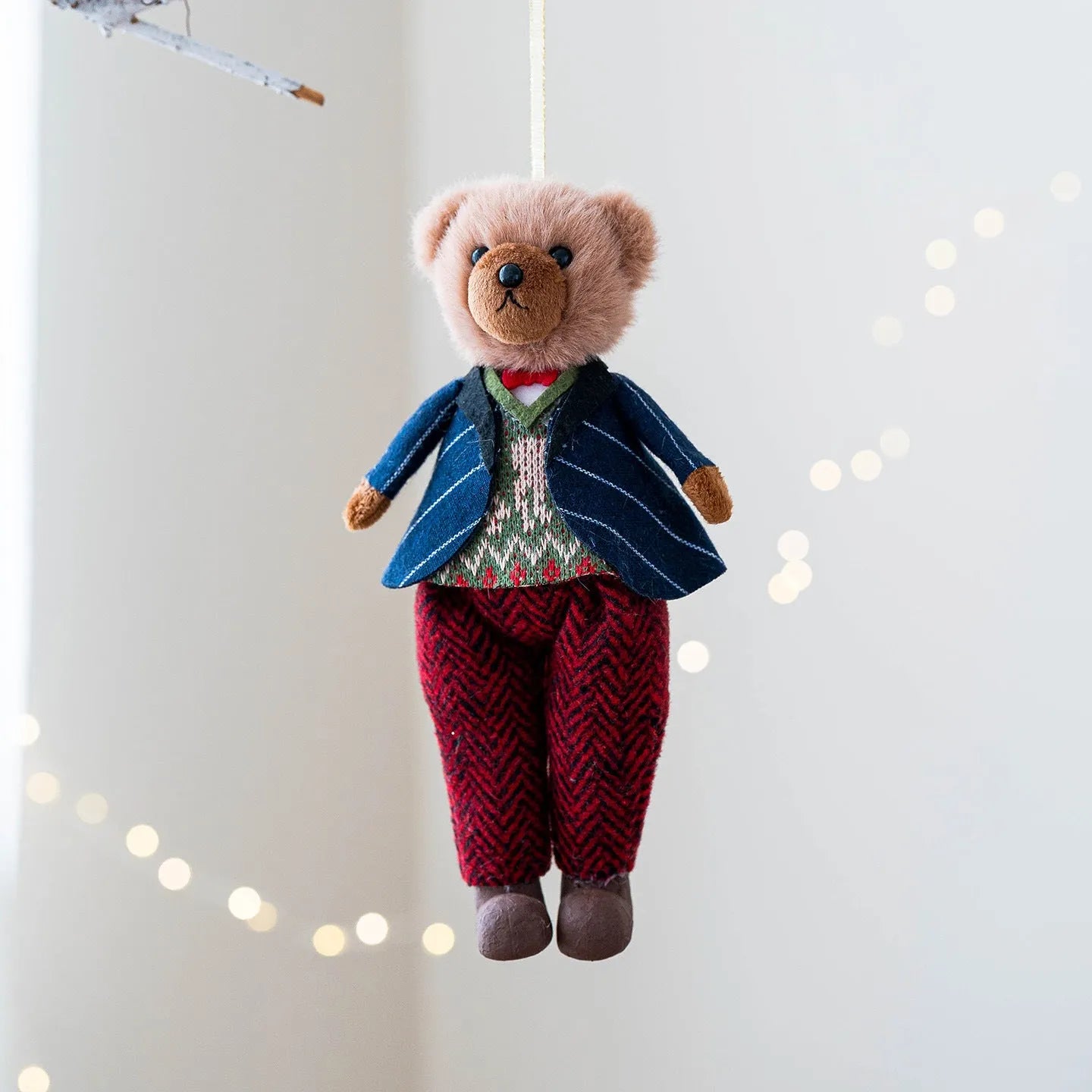 Soft cloth plush bear doll wearing a suit with plaid design, available in princess bear and gentleman bear colours.