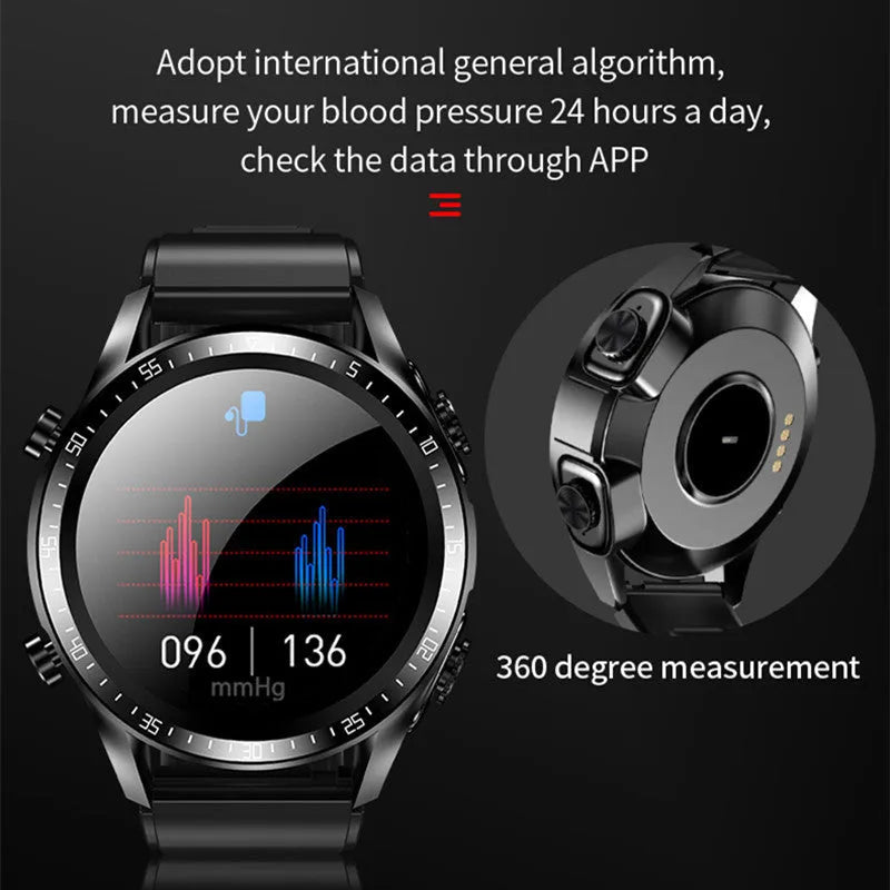 Black smart watch with stainless steel case, round dial, and separate smart bracelet call functionality