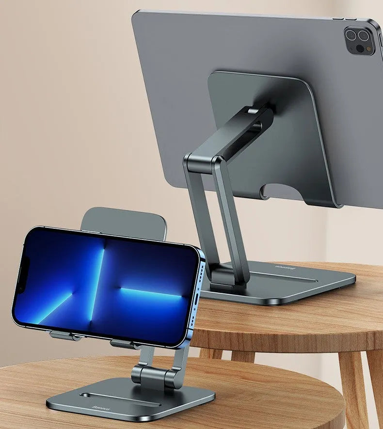 Deep space grey aluminium alloy folding stand for phones and tablets shown in two size options
