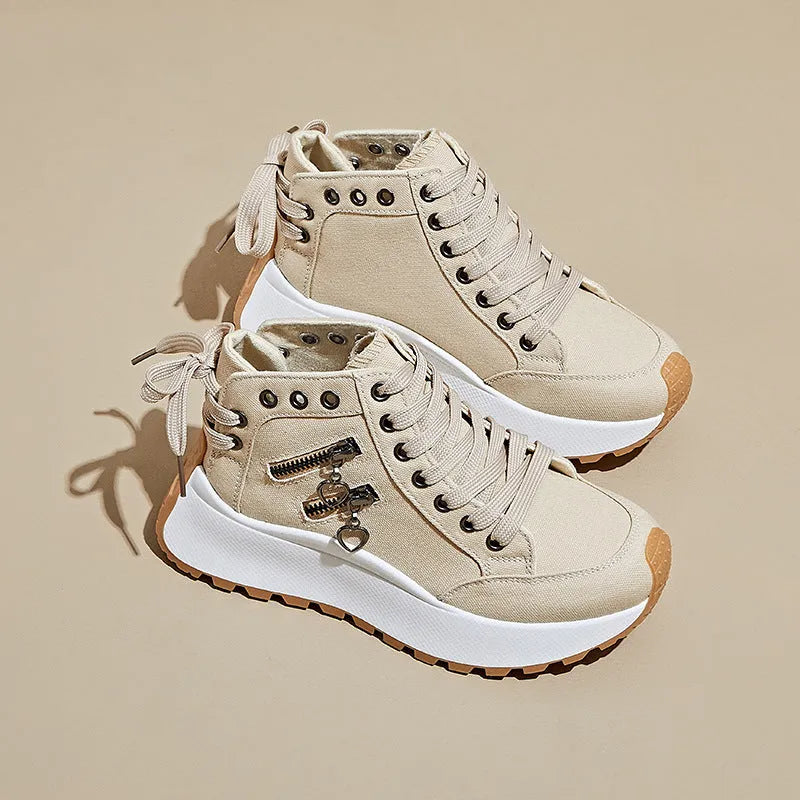 Women's Korean dad style canvas platform trainers in khaki with front lace-up and rubber sole