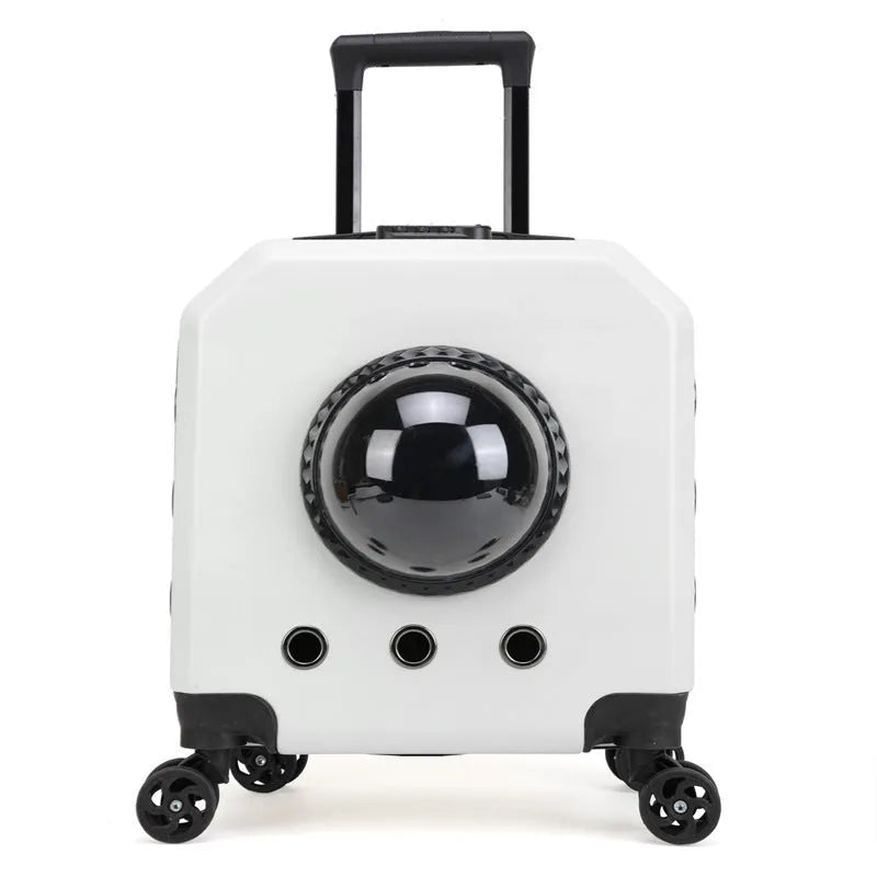 Hard PVC cat trolley carrier in burgundy colour with 15 litre capacity and wheels