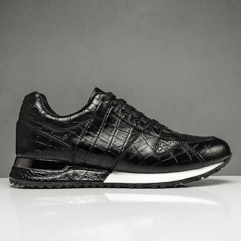 Crocodile pattern light luxury mid top elevated leather shoes with wedge heel in black