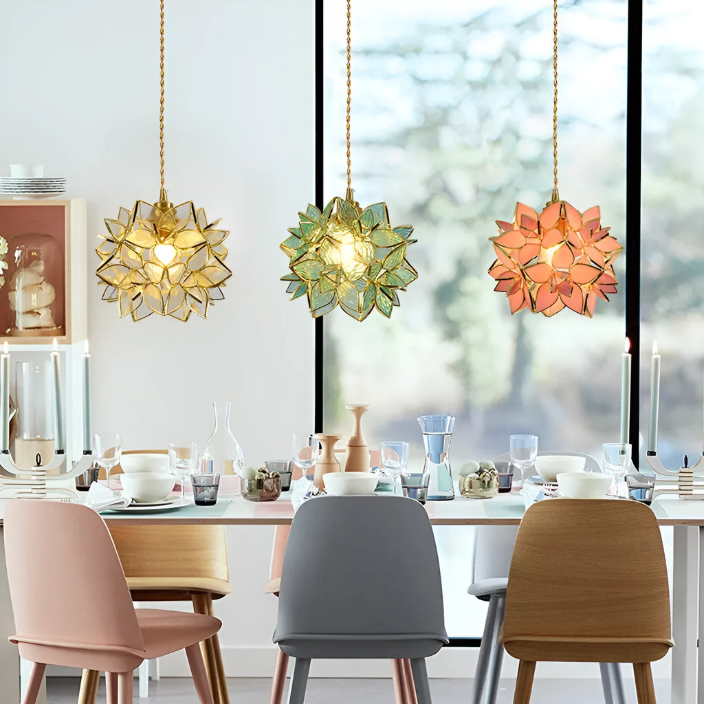 Stained glass hanging chandelier with coloured shades and copper lamp heads on adjustable cable