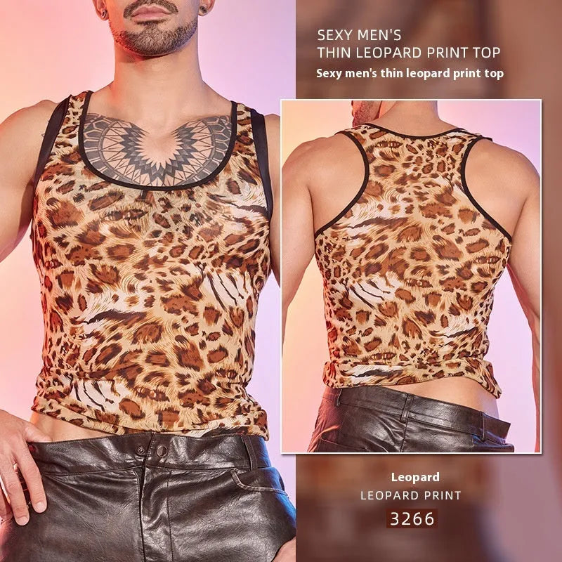 Men's leopard print mesh lingerie top showing wild animal pattern across breathable fabric
