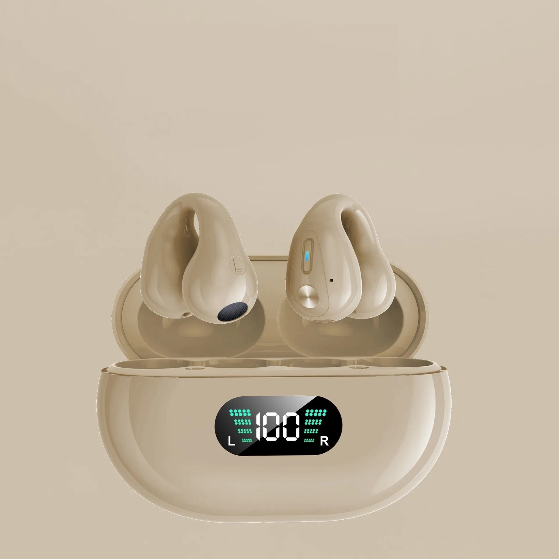 Bone conduction Bluetooth headset with ear clip design in black, white, or khaki colour options