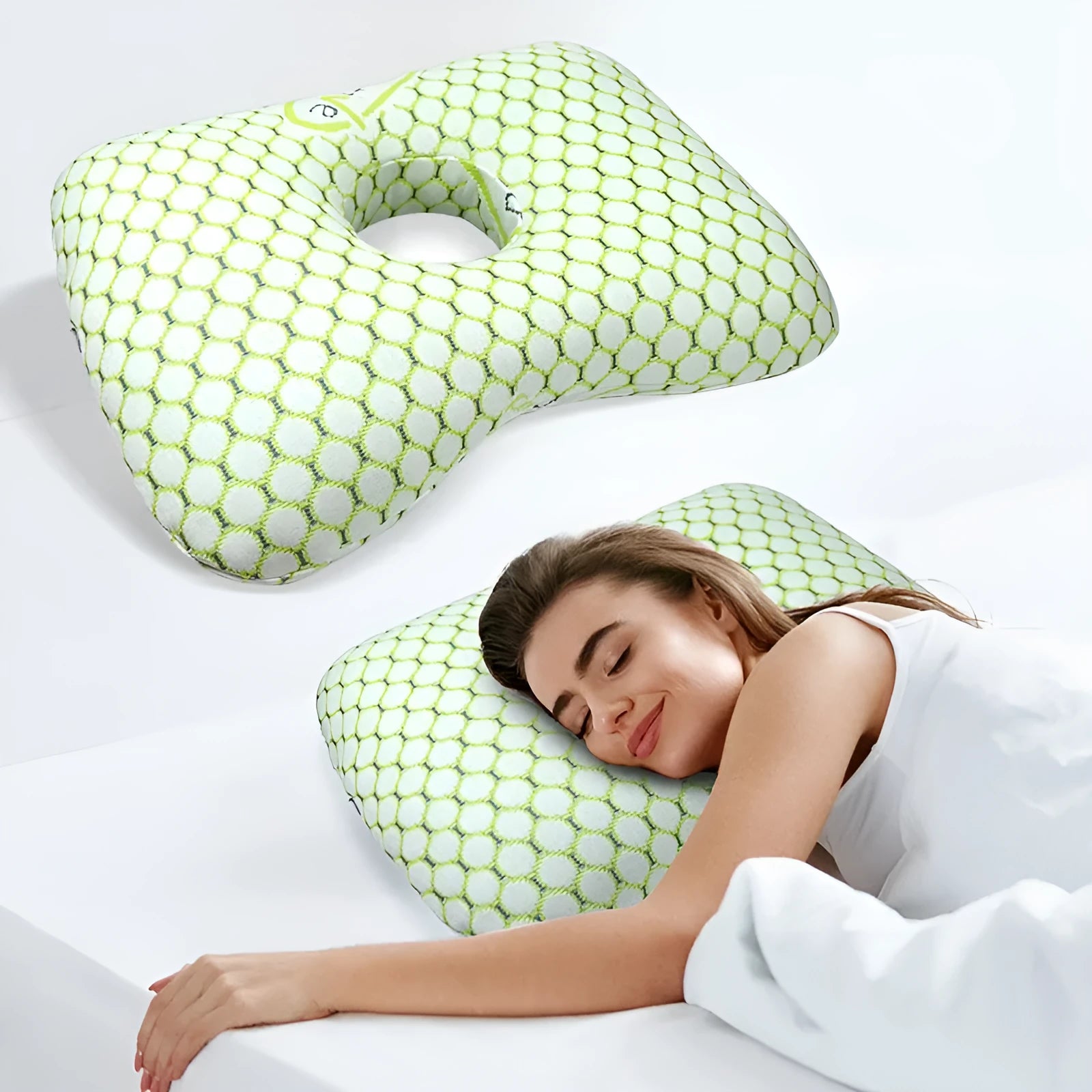 Beauty salon single hole ear pillow for adults in grey plaid pattern, showing dimensions.