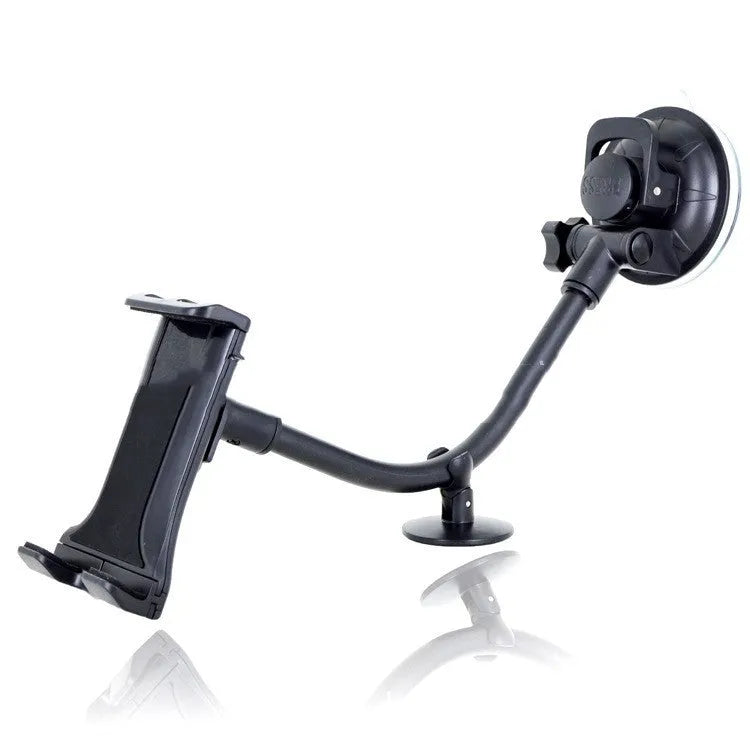 Black universal 4-12 inch vehicle tablet holder with lifting mechanism and suction cup mount.