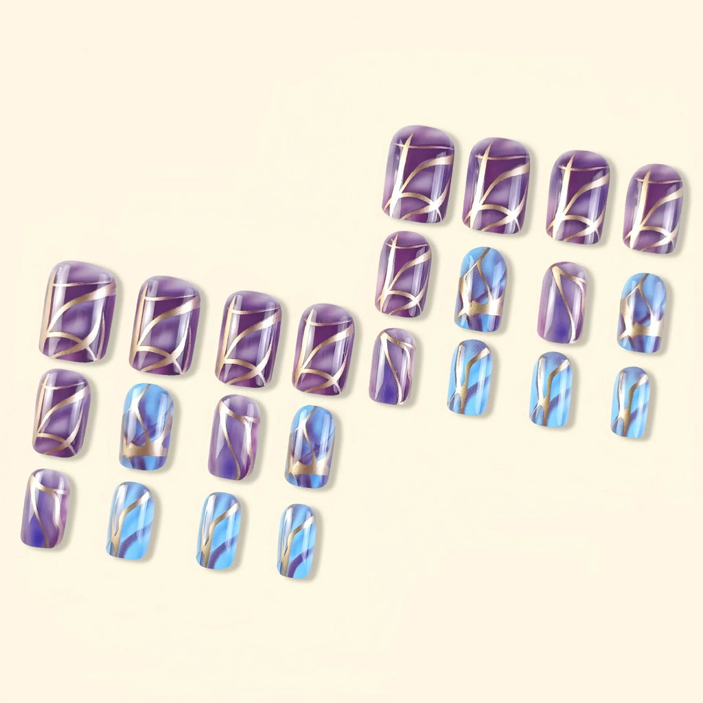 Purple striped nail stickers in medium length European and American style for nail art decoration.