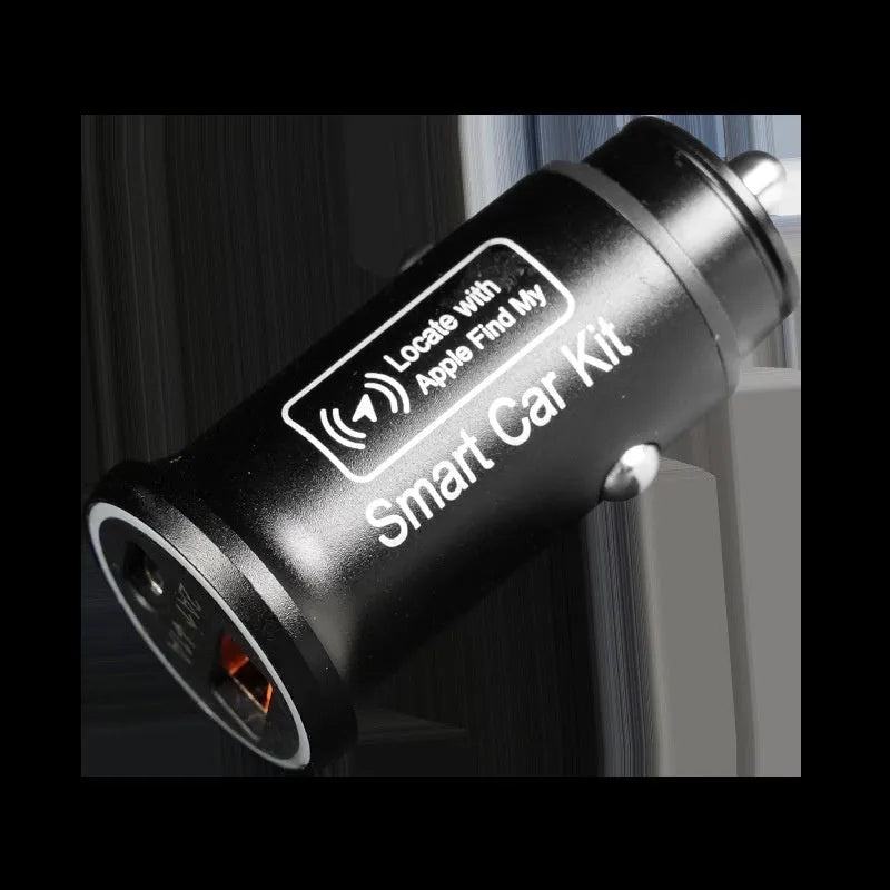 Black ABS car charger locator with integrated GPS for vehicle tracking, plugged into a 12V car socket.