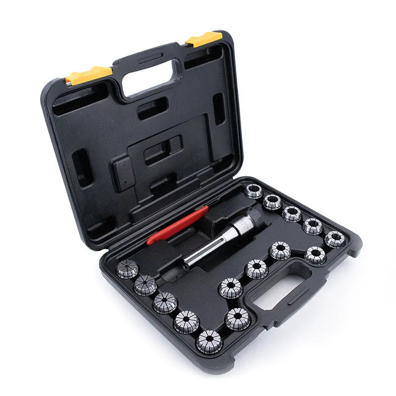 R8-ER32 collet tool set 17-piece with 65Mn steel holder, ER32 collets and wrench on workbench