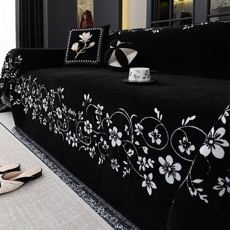 Soft chenille sofa cover with embroidered magnolia floral pattern in garland coffee colour, size 180x230cm