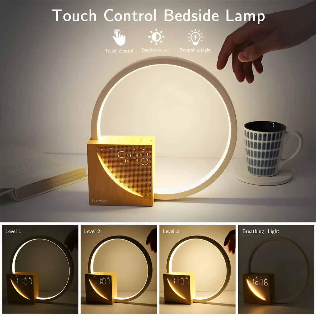 Navy blue touch bedside lamp with digital alarm clock display and natural sounds functions