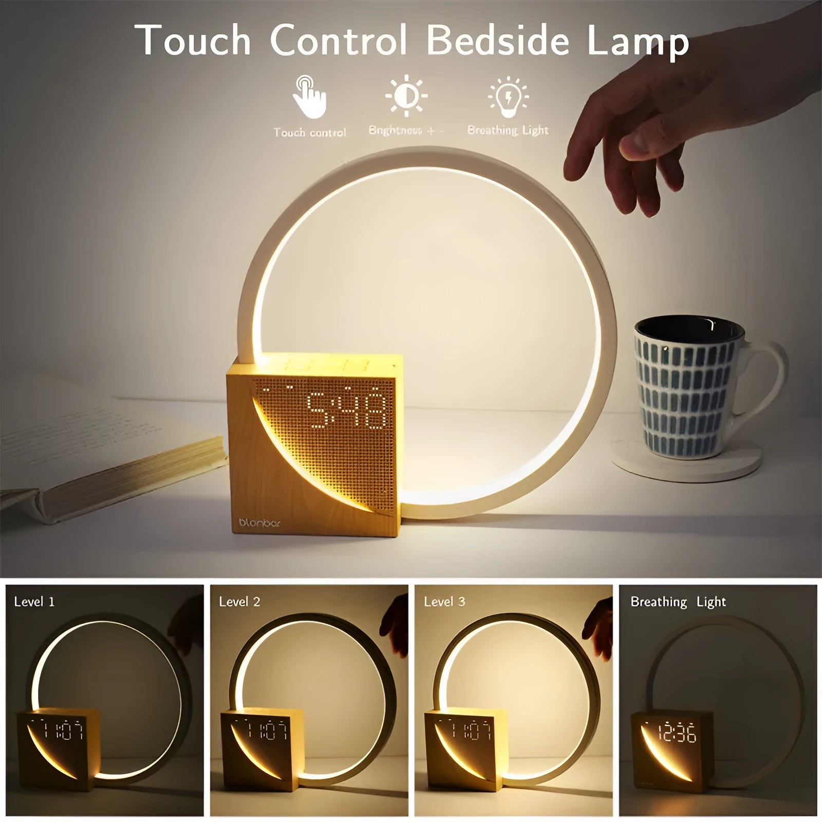 Navy blue touch bedside lamp with digital alarm clock display and natural sounds functions