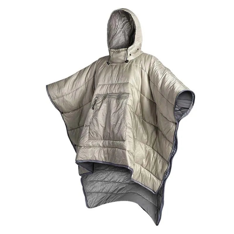 Army Green wearable sleeping bag cloak laid flat showing 200x140cm dimensions and convertible design