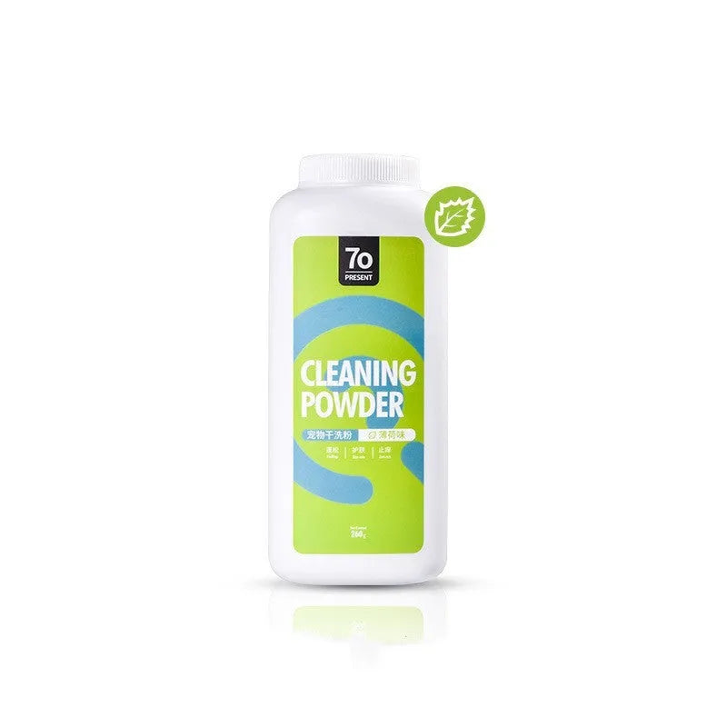 Bottle of dog dry cleaning powder deodorant in 260g size with choice of rose, orange or menthol fragrance